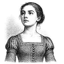 Portrait von Isabella Falk in Tuschezeichnung, eine junge Frau mit selbstbewusstem Blick, straff nach hinten gekämmten Haaren und einem Dutt, in mittelalterlicher Tunika.