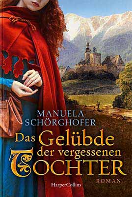 Eine rothaarige junge Frau mit mittelalterlichem Umhang steht im Vordergrund vor einem Gebirgspanorama mit Klosteranlage.