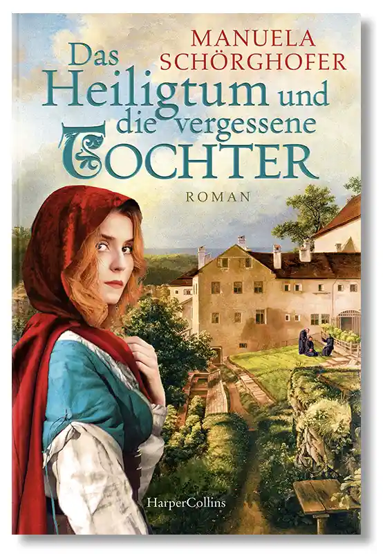 Umschlag zum Buch. Eine rothaarige junge Frau mit mittelalterlichem Umhang steht im Vordergrund vor einem Klostergarten.